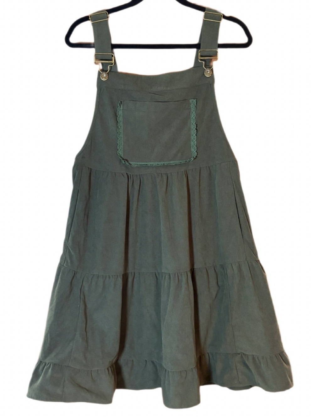 BloomChic Tiered Overall Dress Olive Green Corduroy NWT Size 10 - Picture 2 of 9